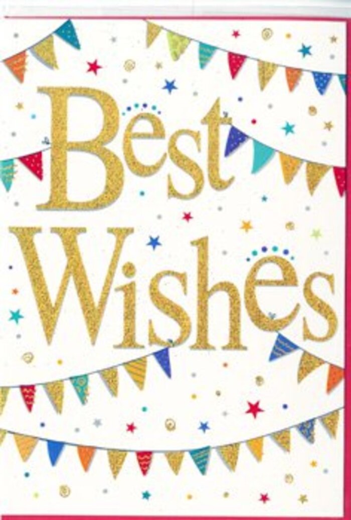 This card captures that gentle, happy energy you might feel wandering past a small gathering in Barnsbury Gardens, where bunting flutters lightly and conversation hums in the background. At its heart, the phrase Best Wishes is written in large, generous gold script, the strokes curving gracefully and catching the light with a foil-like shimmer. The letters appear slightly raised, suggesting a tactile, embossed finish that would feel smooth and luxurious beneath your fingertips. The background remains a crisp, uncluttered white, serving as a calm canvas that allows the central message and decoration to stand out clearly. From the top and bottom edges of the design, strings of bunting arc into the frame, cradling the words like celebratory garlands hung between terraces along Copenhagen Street. Each tiny triangular pennant is unique: some are bold blocks of colour - deep blue, cherry red, emerald, and golden yellow - while others are sprinkled with patterns of fine stripes, delicate polka dots, or geometric shapes. Many flags are enhanced with a light shimmer or glitter detail, catching imaginary light in a way that suggests movement and festivity. Between these curved lines of bunting, small star shapes and colourful confetti dots are scattered, as if frozen mid-flight at the exact moment when joy spills over. The overall mood is one of bright optimism and heartfelt support, making the card ideal for celebrating personal achievements, new adventures, or fresh starts within Barnsbury and beyond. Paired with a bouquet from Barnsbury Flowers and delivered locally, it would feel like a warm embrace of encouragement and pride, sent across the city or just a few streets away.