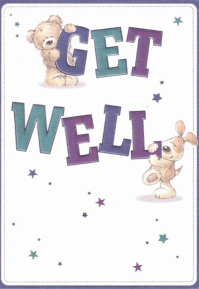 An endearing get well card illustration presents a cosy little world where a teddy bear and a floppy-eared puppy turn a simple message into a scene of companionship and hope, much like the way a thoughtfully chosen Barnsbury bouquet transforms a quiet room. Against a crisp, uncluttered white background, the phrase GET WELL sits boldly in the centre, spelled out in chunky, capital letters shaded in deep purples, cool teals, and touches of indigo. The lettering is subtly textured, with gentle shadows that give the impression of padded foam letters arranged on a child's bedside table somewhere off Liverpool Road. Resting his paws on the top of the word GET, the teddy bear is illustrated with warm golden-brown fur, each stroke suggesting softness you can almost feel. His rounded belly, slightly oversized head, and small, curved smile communicate tenderness and childlike innocence, while his dark, shiny eyes are full of concern and quiet encouragement. At the bottom of the design, the puppy leans happily into the weight of the word WELL, as if helping carry the sentiment. Its fur is rendered in creamy beige and light fawn tones, with sweetly drooped ears and a wagging posture that radiate loyalty and playful comfort, like a friendly dog waiting patiently by the sofa of someone resting at home. Surrounding the central characters, a scattering of stars and starbursts in shades of blue, violet, and aqua sparkle against the pale backdrop, creating an atmosphere of gentle magic and possibility, reminiscent of twinkling lights along Barnsbury's leafy streets on a clear evening. The overall feeling is airy, optimistic, and reassuring, perfectly suited to accompany a get well delivery or a bedside card meant to lift a loved one's spirits.