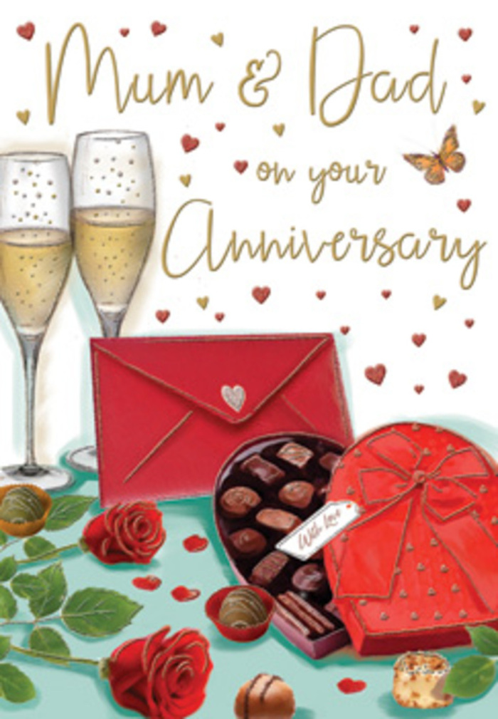 Illustrated anniversary card scene that captures the essence of a romantic celebration for parents, as if set in a Barnsbury town house softly lit at dusk. Dominating the upper half of the image, two graceful champagne flutes stand together, their stems long and slender, their bowls glowing with pale, golden champagne. Tiny bubbles rise inside, sparkling like little lights, giving the sense that a heartfelt toast to Mum & Dad is just about to be made. In the foreground, a luxurious heart-shaped box of chocolates forms the focal point. The box is rendered in a deep, rich red, finished with a lavish satin bow whose loops and trailing ends cascade over the side like delicate fabric. The lid is open to reveal carefully arranged chocolates of varying shapes, all shaded in inviting cocoa tones that suggest creamy, indulgent fillings. A couple of pieces are placed artfully on the tabletop, as though already chosen to be shared in a quiet moment near Caledonian Road. Resting to one side, two vivid red roses lend a florist's touch of romance. Their petals are plush and layered, the crimson colour intense yet soft, and they are framed by fresh-looking green foliage, each leaf veined and slightly glossy. These roses feel like they have been freshly selected from a Barnsbury Flowers arrangement, laid gently beside the chocolates and champagne. A scarlet envelope, neatly sealed, lies close by, hinting at intimate, handwritten words of thanks and appreciation. Around this centrepiece, tiny red and gold hearts float across a warm, creamy background, weaving between elegant script that conveys anniversary wishes and enduring love. Soft, diffused lighting bathes the whole composition, casting subtle highlights on glass, ribbon, and petals, and creating a feeling of cosy, familial celebration at home.