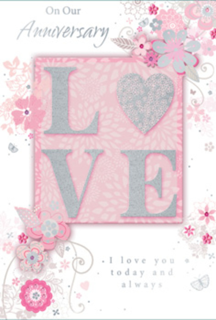 This anniversary card is shown from above, its surface bathed in gentle, diffused light that highlights every delicate detail, much as soft morning sun glows through the greenery in nearby Barnard Park. At the centre of the design, the word LOVE stands out in tall, raised letters, their tops dusted with a frosted glitter that gives them an almost crystalline texture. When imagined to the touch, the glitter feels lightly grainy and cool, inviting fingers to linger. Behind the word, the background is a smooth field of blush pink, subtly lightened around the letters so that they appear to be floating over a soft, romantic haze. Along the card's borders and drifting toward its centre, wispy, hand-drawn flowers bloom in shades of pink, lilac, and ivory. Their petals are fine and slightly translucent, like the delicate heads of early spring flowers in a Barnsbury courtyard. Slender stems and tiny leaves curl around them, forming airy sprays that echo the curves of a hand-tied bouquet being arranged on a florist's bench. Threaded through the blooms are delicate filigree lines and nearly hidden butterflies, so faint they reveal themselves only on closer inspection. These intricate details lend the card a sense of reverie and movement, like the gentle flutter of hearts on a shared anniversary morning. A tender message, such as I love you today and always, sits quietly in elegant, understated type, feeling as personal as a handwritten note tucked into a bouquet delivered locally. Overall, the card reads as a paper keepsake bouquet-subtle, romantic, and full of the quiet devotion that marks years spent together in Barnsbury.