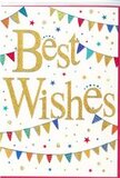 This Best Wishes card brings to mind a thoughtfully decorated Barnsbury townhouse ready for a quiet but joyful celebration. Dominating the centre, the message Best Wishes is written in flowing gold script that looks embossed and lightly glittered, so each letter gleams against the crisp white background, almost as if catching the soft glow of evening light from a window along Roman Way. The background stays beautifully simple and bright, allowing the eye to focus on the sweeping curves of the lettering and the festive details around it. From above and below, strings of bunting dip into view in graceful arcs, neatly framing the words like festive garlands strung across a cosy living room before guests arrive. Every small triangular flag on these garlands offers its own burst of colour - rich reds, cool blues, vibrant greens, sunny yellows, and touches of pink - with some flags decorated by fine stripes, playful polka dots, or subtle mosaic-style designs. A hint of shimmer or glitter on selected pennants adds dimension and sparkle, without overwhelming the calm elegance of the white space. Scattered across the card, small star icons and round confetti dots float in matching shades, evoking the joyful moment when confetti hovers in the air during a cheer. The composition feels balanced and uplifting, perfectly suited to accompany flowers for a promotion in nearby King's Cross, a graduation celebration, or the keys to a first flat in Barnsbury. It's a design that holds both fun and sincerity, sending not just congratulations, but a gentle promise of hope and good things ahead.