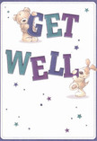 A whimsical illustrated get well card shows a cuddly teddy bear and a floppy-eared puppy teaming up to deliver a cheerful Get Well message, the sort of comforting token you might send alongside a bright Barnsbury bouquet. The scene is set against a clean, soft cream-white background, so the artwork feels airy and uncluttered, like clear morning light over Thornhill Square. The chunky letters of the phrase GET WELL rise up through the centre of the design in bold shades of indigo, deep purple, and teal, each letter gently shaded so it appears slightly three-dimensional, almost as if cut from thick coloured card. The teddy bear, with warm caramel fur and rounded paws, clings sweetly to the top of the word GET, his stitched muzzle and wide, kind eyes radiating gentle concern. Below, the playful puppy leans into the word WELL, his soft beige coat lightly textured with brushstrokes that mimic plush fur, ears flopping forward as if mid-bounce. Scattered around them, starbursts in varying sizes shimmer in tonal blues, violets, and soft aqua, giving a sense of sparkling hope drifting through the air like fairy lights above Barnsbury's tree-lined streets. The composition is balanced and open, with plenty of breathing space so the characters and lettering stand out clearly. Even without flowers, the artwork carries the same emotion as a hand-tied get well bouquet: comfort, optimism, and a sincere wish for smoother days ahead, ideal for sending caring thoughts to someone recovering at home or in a nearby Islington hospital ward.