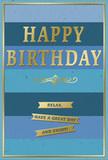 This birthday card is presented front-on, its composition a harmonious blend of layered blues and understated gold, as if chosen from a thoughtful display in a Barnsbury boutique. The background consists of wide, horizontal bands of blue, stacked one above another, with colours that gradually soften as they rise. At the bottom, the bands are deep, night-sky navy and rich indigo; these transition into cooler denim and teal tones, and finally into gentle, lighter sky blues toward the top, evoking the way daylight shifts over the quiet streets and gardens around Barnsbury. Placed centrally upon these calm stripes is the greeting HAPPY BIRTHDAY, written in tall, gold, embossed capital letters. The metallic finish has a smooth, brushed quality, catching the light along the edges and giving the text a subtle glow without overpowering the serene palette. Just beneath the main greeting, a single, elegant gold flourish stretches horizontally, curling in balanced loops that add a classic, almost handwritten charm. Below this, three slim gold banners are neatly arranged in a vertical stack, each shaped like a flat ribbon with angled ends. Across these banners runs the gentle message: Relax, have a great day and enjoy! in clean, carefully spaced type that is easy to read. A slender gold border encloses the entire front of the card, unifying the elements into one considered design. You can almost sense the soft, substantial feel of the card stock and the slight ridges where the gold is embossed, and imagine it standing beside a simple arrangement of seasonal flowers delivered around Barnsbury, quietly inviting the recipient to pause, breathe, and enjoy a birthday filled with calm happiness.