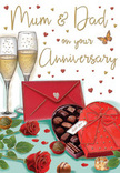 Romantic anniversary card illustration designed for Mum & Dad, evoking the feeling of an intimate Barnsbury celebration shared with close family. At the top of the composition, two champagne flutes stand elegantly side by side, their tall, clear stems and gently curved bowls drawn with delicate highlights. Each glass holds a pale golden champagne, bubbles suspended mid-rise, as if time has paused just before the clink of a toast. In front of them rests a heart-shaped chocolate box, rich red and softly reflective, dressed with an opulent satin-red bow whose loops and curling ends fall across the table like ribbon on a carefully wrapped bouquet. The box is open to showcase an array of chocolates inside, each piece shaded in velvety tones of milk and dark brown, neatly nestled and ready to be savoured. A few truffles are scattered just outside the box, hinting at shared indulgence during a quiet evening near the leafy streets of Barnsbury. Lying alongside are two classic red roses, their petals lush and velvety, unfurling in deep crimson spirals that speak of romance and lasting devotion. Their green leaves, fresh and slightly glossy, frame the blooms, much like the foliage in a hand-tied anniversary arrangement from a local Barnsbury florist. A scarlet envelope, sealed and angled with care, suggests a personal, handwritten message filled with gratitude and love. Across the warm, inviting background drift small crimson and gold hearts, interlaced with graceful, handwritten lettering offering anniversary wishes. Soft, ambient light bathes the glass, ribbon, and roses, creating subtle reflections and shadows that give depth to the scene. Altogether, the image feels like a tender snapshot of an at-home celebration, where champagne, chocolates, and flowers come together to honour years of shared memories.